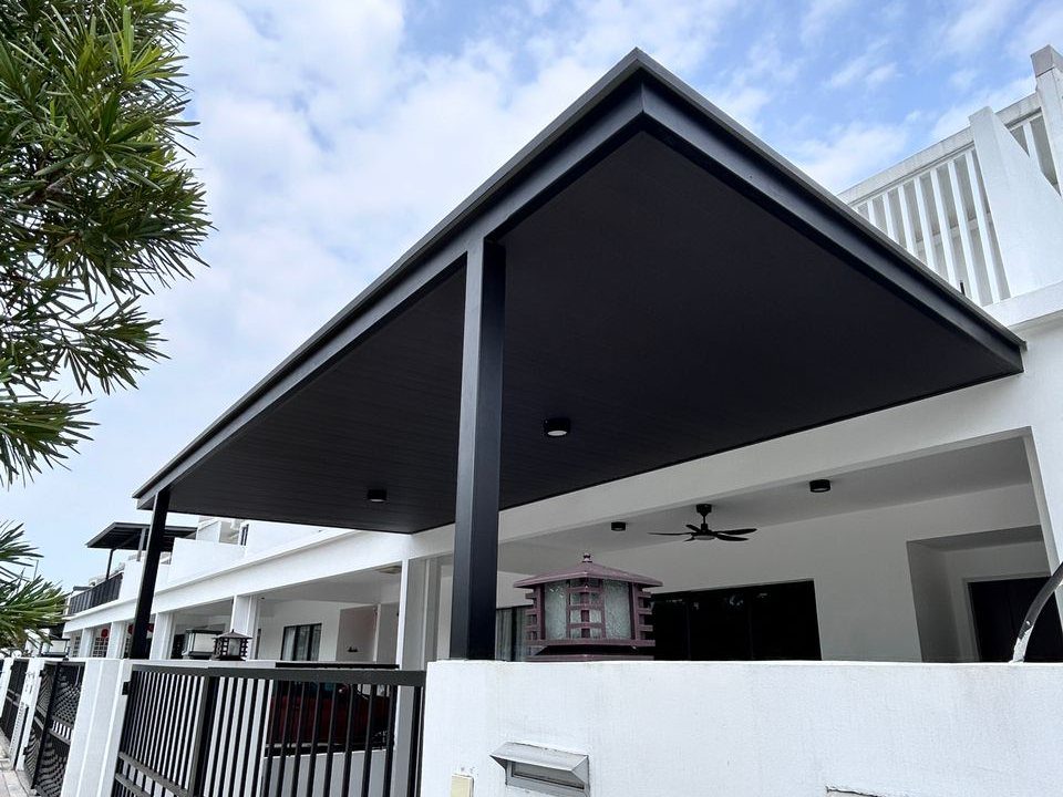 Minimalist Beam awning with dark ceiling on a terrace house car porch — CLEV installation